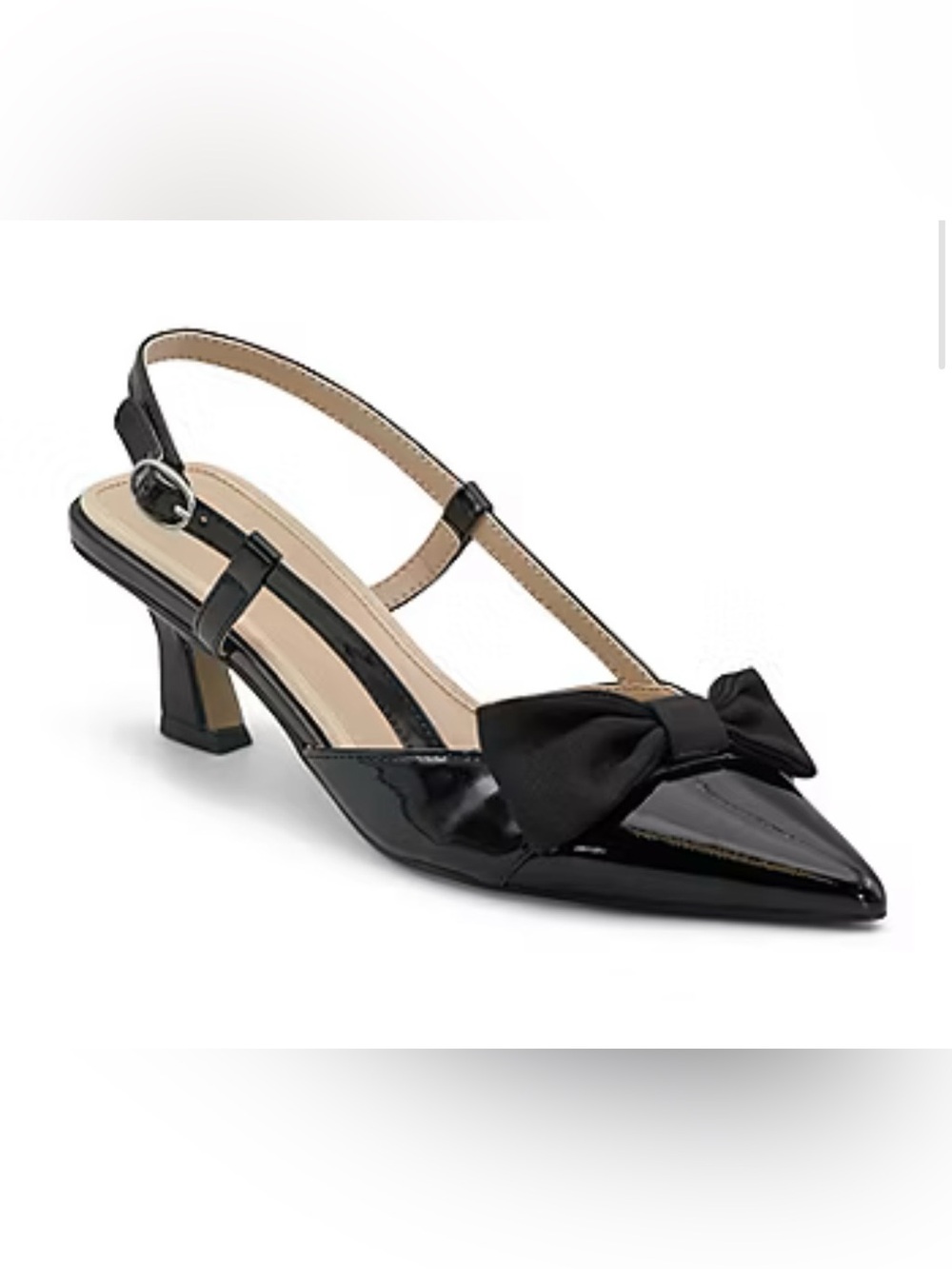 Black Patent Slingback Kitten Heel Pump with Bow-NEW